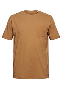 T-shirt marron uni à manches courtes, col rond, avec une poche poitrine sur le côté gauche, en tissu coton doux.