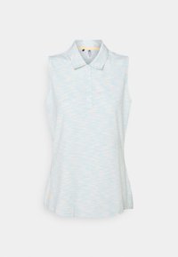 Haut sans manches style polo en bleu clair avec des motifs blancs subtils, doté d'un col à revers et d'une fermeture à boutons sur le devant.