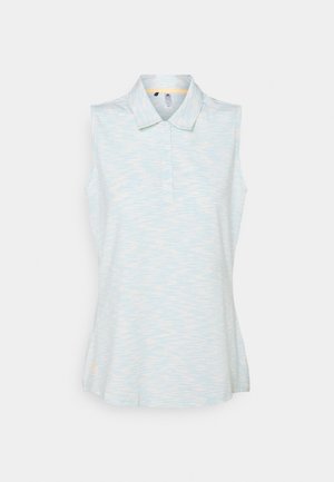 Ärmelloses Polo-Oberteil in Hellblau mit dezenten weißen Mustern, mit Kragen und Knopfleiste vorne.