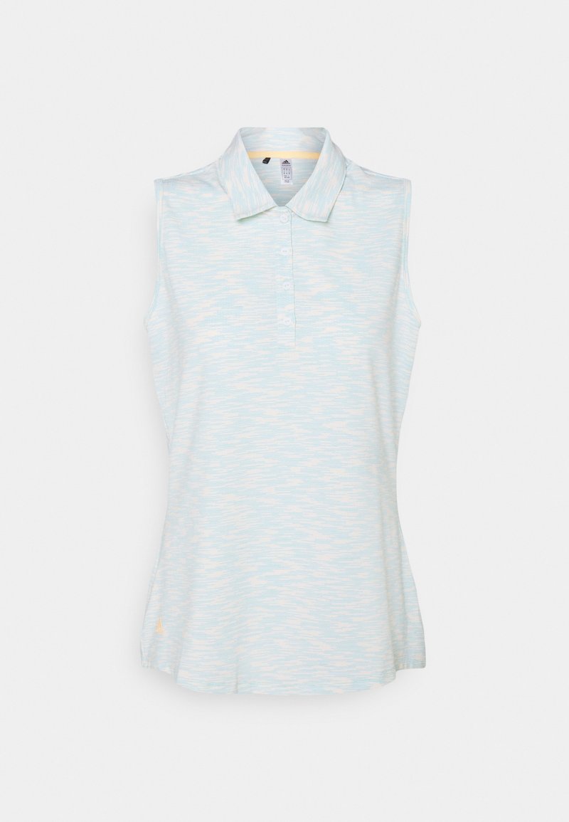 Haut sans manches style polo en bleu clair avec des motifs blancs subtils, doté d'un col à revers et d'une fermeture à boutons sur le devant.