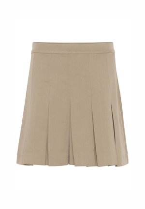 Pleated skirt in light beige fabric, features a fitted waistband and multiple vertical pleats, smooth texture with a clean finish.