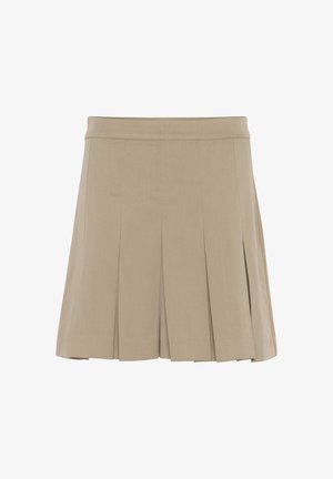 Złożona spódnica z jasnobeżowego materiału, ma dopasowany pas i liczne pionowe plisy, gładka tekstura z czystym wykończeniem.