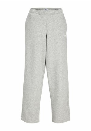 Pantalon de survêtement ample gris clair avec taille élastique et petit logo sur la partie supérieure de la cuisse, vue de face sur fond blanc.