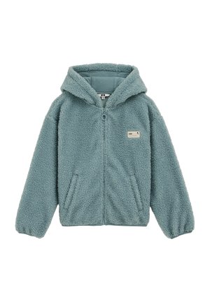 Veste en polaire bleu-vert doux avec capuche, fermeture éclair intégrale, deux poches avant et un petit patch sur la poitrine indiquant "De bonnes choses arrivent".