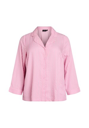 Dlhá košeľa s gombíkmi, ružovo-bielo pruhovaná vertikálne, s golierom a manžetami na rukávoch, zobrazená na bielom pozadí.