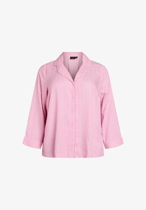 Roosa ja valge vertikaalsete triipudega pikkade varrukatega nööpidega särk, millel on krae ja varruka mansetid, valgel taustal.