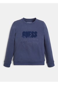 Marineblaue Sweatshirt mit Rundhalsausschnitt, langen Ärmeln und strukturiertem "GUESS Authentic"-Logo. Weicher Stoff mit glatter Textur und elastischen Bündchen.