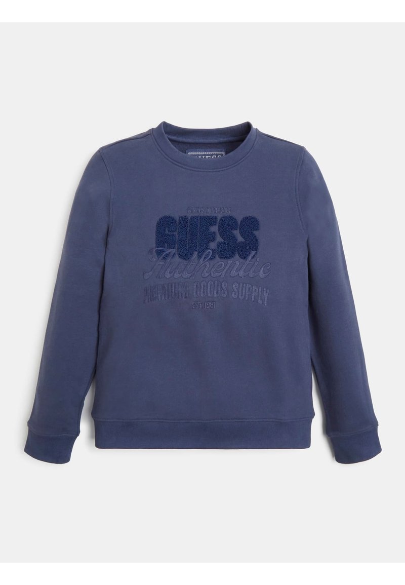 Marineblaue Sweatshirt mit Rundhalsausschnitt, langen Ärmeln und strukturiertem "GUESS Authentic"-Logo. Weicher Stoff mit glatter Textur und elastischen Bündchen.