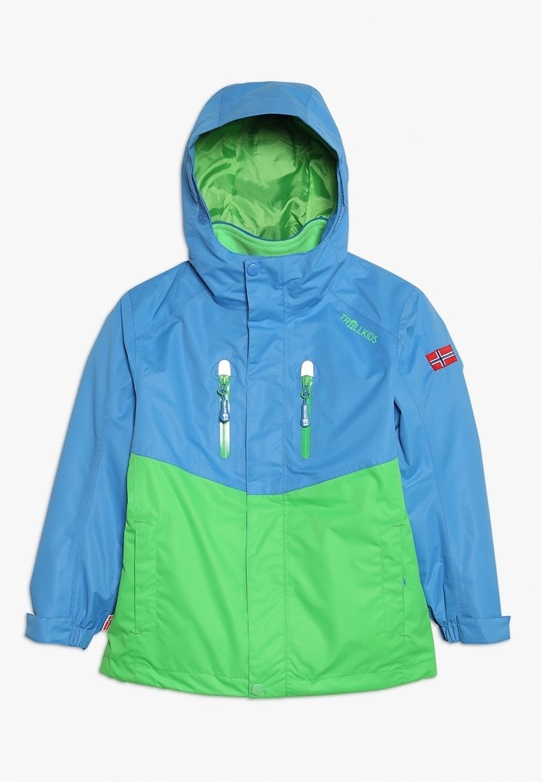 Giacca bicolore con parte superiore blu e parte inferiore verde, realizzata in materiale liscio e resistente alle intemperie, con zip frontali e tasche.