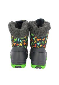 Schwarze und bunte Kinderstiefel mit einem flauschigen grauen Kragen, die mit Dinosaurier- und Tiermustern versehen sind, grünen Gummisohlen und starkem Griff.