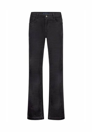 Zwarte flare jeans gemaakt van zachte stof, met een klassiek vijf-pocket ontwerp, ritssluiting met knoopsluiting en subtiele textuur.