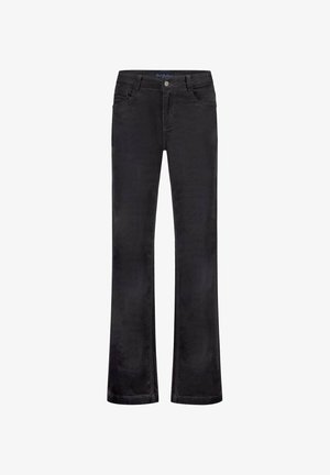 Zwarte flare jeans gemaakt van zachte stof, met een klassiek vijf-pocket ontwerp, ritssluiting met knoopsluiting en subtiele textuur.