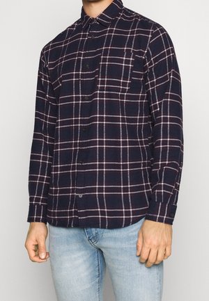 Navy-kariertes Flanellhemd mit weißen und burgunderfarbenen Linien, Knopfkragen, Brusttasche und langen Ärmeln. Weiche Textur und reguläre Passform.