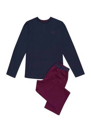 Granatowa bluzka z długim rękawem, okrągłym dekoltem i małym logo; bordowe spodnie z wzorzystym deseniem i elastycznym paskiem oznaczone jako "Henderson."