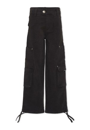 Pantaloni cargo neri con vestibilità morbida, dotati di molteplici tasche, chiusura con bottone e orli con coulisse. Realizzati in tessuto resistente.