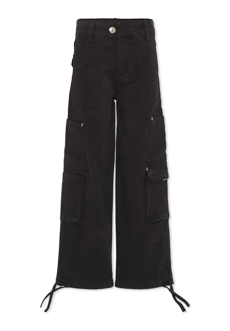 Pantaloni cargo neri con vestibilità morbida, dotati di molteplici tasche, chiusura con bottone e orli con coulisse. Realizzati in tessuto resistente.