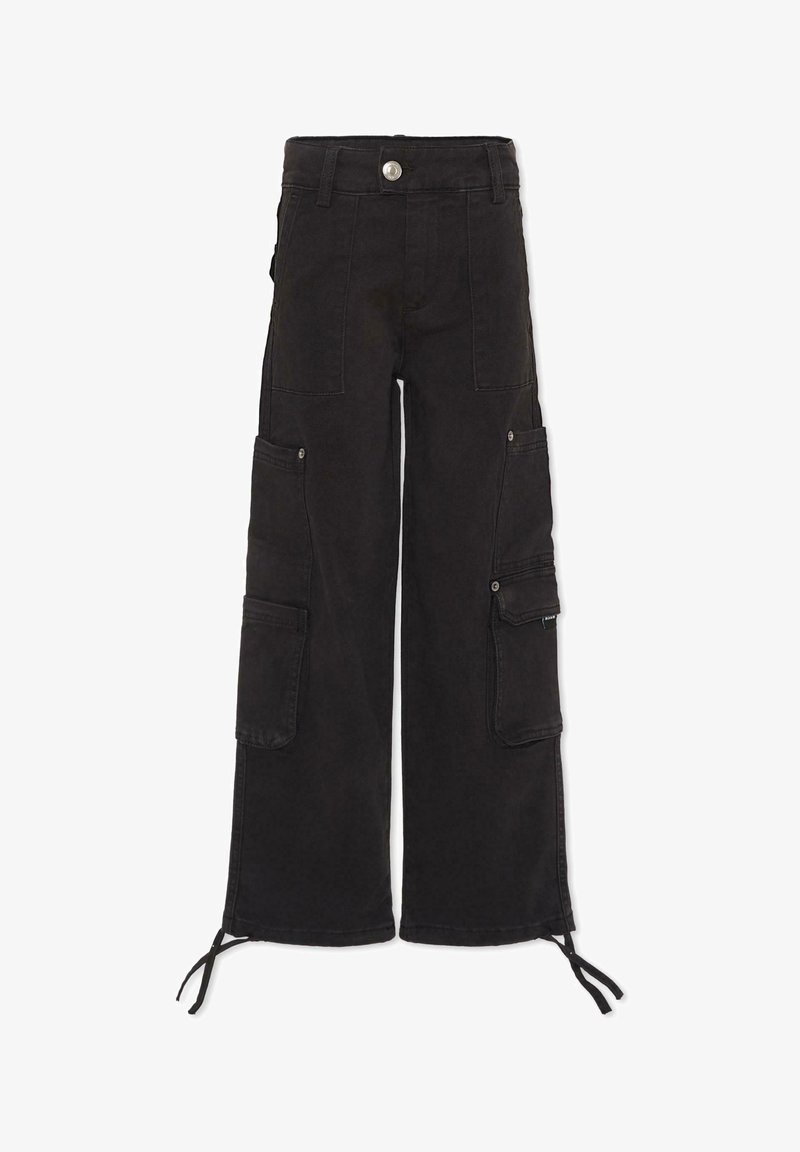 Pantaloni cargo neri con vestibilità morbida, dotati di molteplici tasche, chiusura con bottone e orli con coulisse. Realizzati in tessuto resistente.