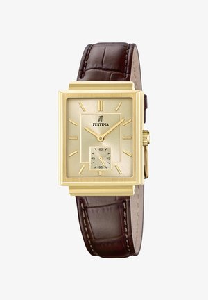 Gouden vierkante Festina-horloge met beige wijzerplaat, gouden uurmarkeringen en wijzers, kleine seconden subwijzerplaat en donkerbruine leren band.