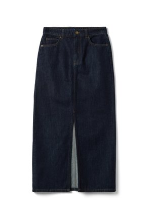 Gonna midi in denim blu scuro con spacco frontale, passanti per cintura, chiusura con bottoni e tasche frontali.