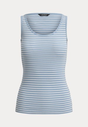 Αμάνικο τοπ με ριπ ύφανση και οριζόντιες ριγέ σε ανοιχτό μπλε και λευκό, στρογγυλή λαιμόκοψη και ετικέτα Lauren Ralph Lauren στο εσωτερικό του γιακά.