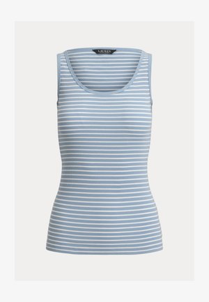 Besiūlis mentės ilgio megztinis su horizontaliomis šviesiai mėlynomis ir baltomis juostelėmis, apvaliu iškirptu kaklu ir Lauren Ralph Lauren etikete viduje antkaklyje.