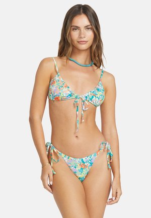 Colorful floral bikini with a tie front, featuring adjustable straps, a low-rise bottom, and a textured fabric in pastel shades.