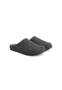 Een paar donkergrijze wollen slippers voor binnen met gesloten tenen en open hielen op een witte achtergrond.