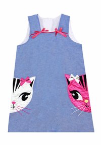 Denim ærmeløs kjole med pink og hvide broderede katteansigt på lommerne, pyntet med pink sløjfer. Blød tekstur, lyseblå farve.