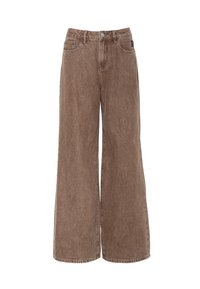 Bredde ben brune denim bukser med en naturlig finish, som har fem lommer, knappestøtt og subtile sømdetaljer.