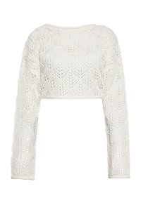 Maglione bianco a maniche lunghe e corto, con un motivo lavorato a maglia e una trama a tessitura aperta. Il collo è rotondo e aderente.