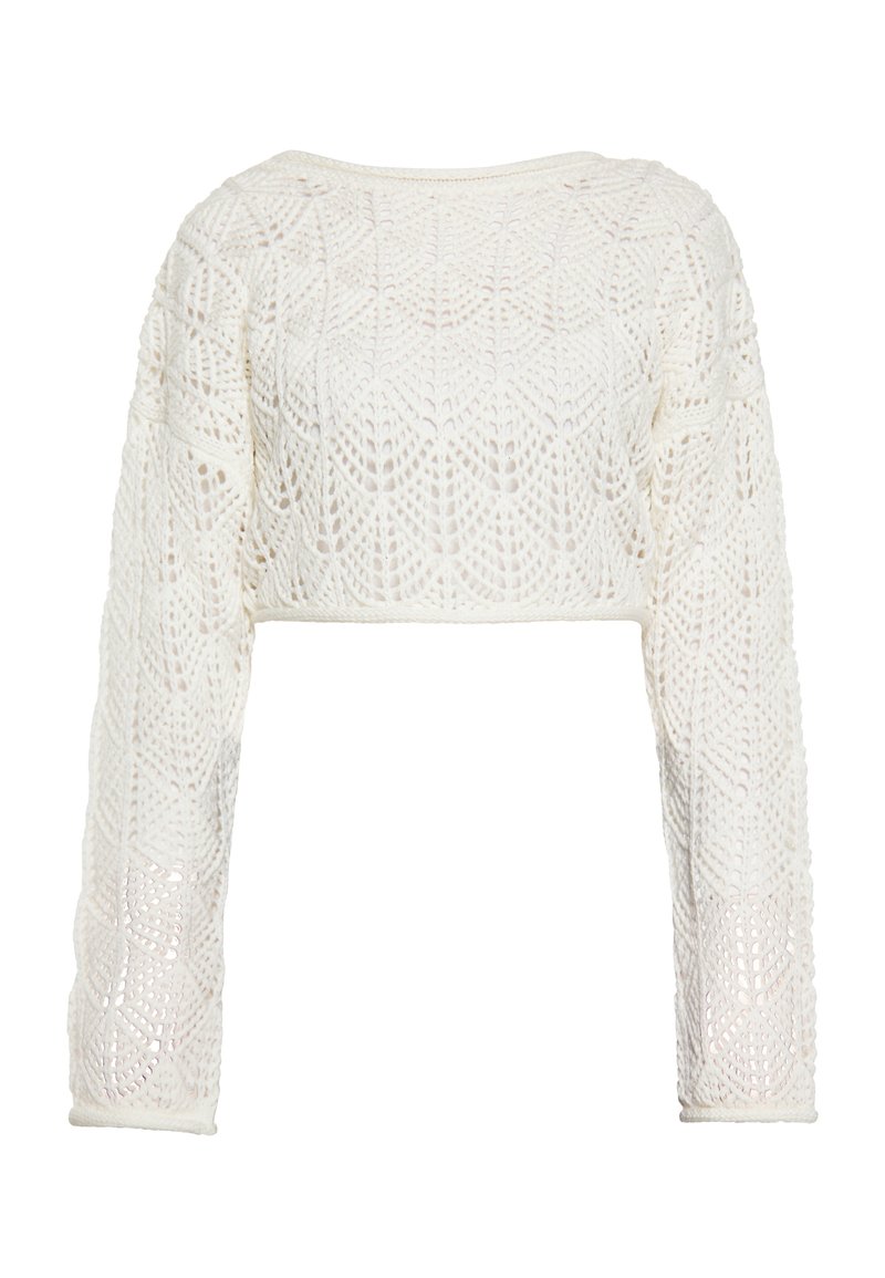 Maglione bianco a maniche lunghe e corto, con un motivo lavorato a maglia e una trama a tessitura aperta. Il collo è rotondo e aderente.