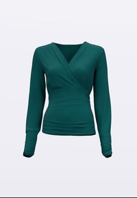 Teal long-sleeve wrap top in a smooth fabric, featuring a deep V-neck and fitted silhouette, with gathered accents at the waist.