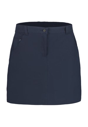 Mørkeblå afslappet nederdel med bæltestropper, frontknaplukning og lynlåslomme på siden, vist på en hvid baggrund.