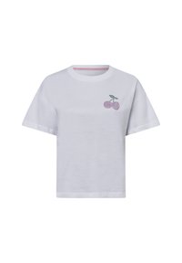 Weiße Baumwoll-T-Shirt mit Rundhalsausschnitt, kurzen  Ärmeln und einer Kirschgrafik in Pink und Grün auf der linken Brustseite.