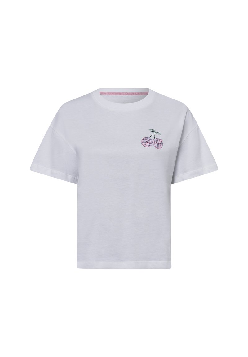 Weiße Baumwoll-T-Shirt mit Rundhalsausschnitt, kurzen Ärmeln und einer Kirschgrafik in Pink und Grün auf der linken Brustseite.