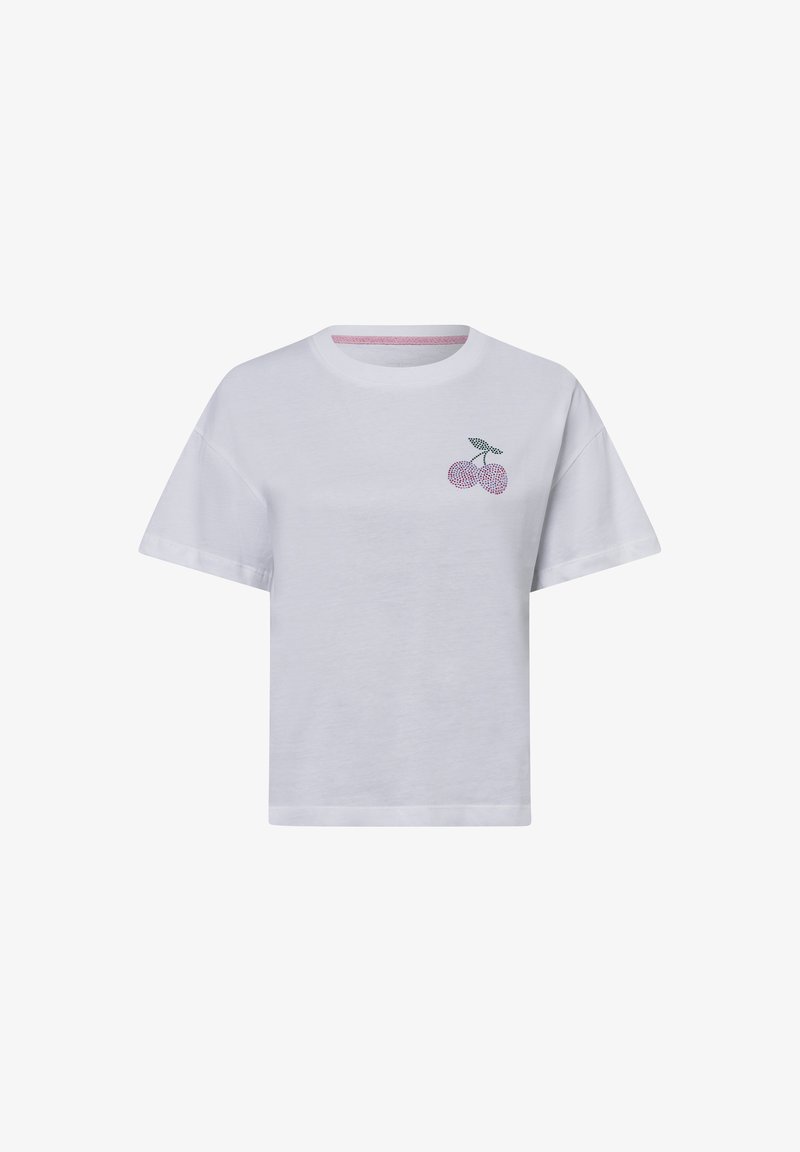 White cotton t-shirt featuring a crew neck, short sleeves, and a cherry graphic in pink and green on the left chest area.