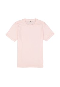 T-shirt en coton rose avec un col rond et des manches courtes. Présente un design simple et une texture douce et lisse. Pas de logos ni de motifs visibles.