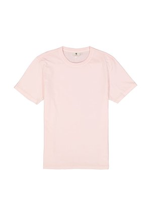 Camiseta de algodón rosa con cuello redondo y mangas cortas. Presenta un diseño sencillo y una textura suave y lisa. Sin logotipos ni patrones visibles.