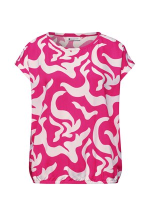 Bright pink short-sleeve blouse with loose fit, round neckline, elastic hem, and abstract white swirling pattern throughout.