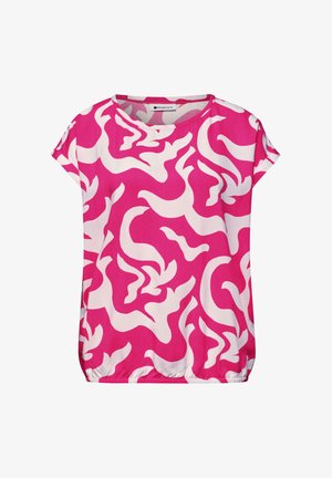 Bright pink short-sleeve blouse with loose fit, round neckline, elastic hem, and abstract white swirling pattern throughout.