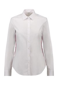 Vit långärmad skjorta med klassisk krage, knappstängning fram och röda sidostråk. Tillverkad av slät tyg med en skräddarsydd passform.