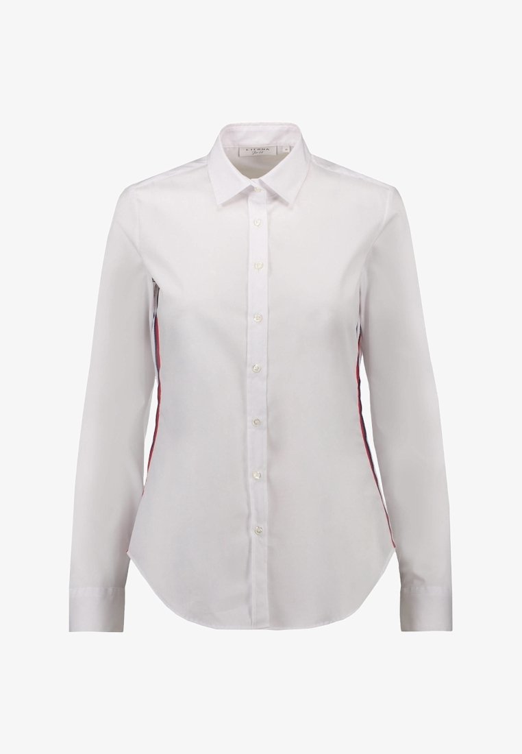 White long-sleeve shirt featuring a classic collar, button-down front, and red side stripes. Made of smooth fabric with a tailored fit.