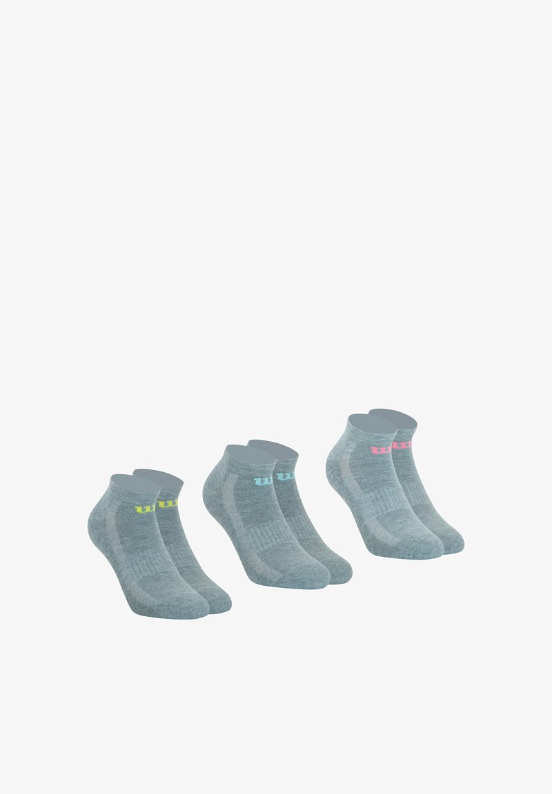 Chaussettes de cheville de couleur gris chiné, avec des accents bleu clair, rose et jaune sur les bords, présentant une texture côtelée et un design ajusté.