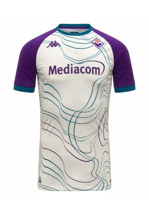 Maillot de football blanc et violet à manches courtes avec un col bordé de sarcelle, motifs de lignes ondulées, logo Mediacom et écusson du club Fiorentina sur la poitrine.