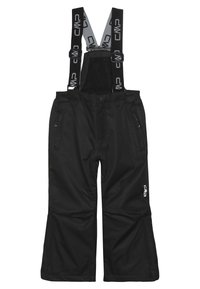 Pantalons de ski noirs avec bretelles grises ajustables arborant un logo, poches latérales et une texture de tissu lisse et résistant à l'eau.