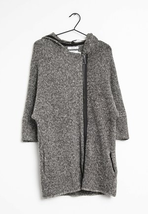 Langsleeve grijs en zwart gebreide cardigan met een capuchon, voorzien van een voorrits en zijzakken, gemaakt van gestructureerde stof.