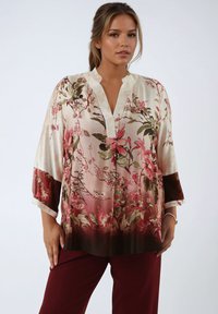 Silk blouse with floral pattern in pink and green, featuring a V-neck, 3/4 sleeves, and a gradient design transitioning to deep burgundy.