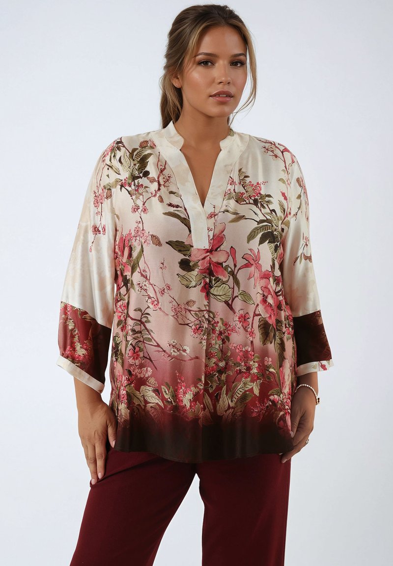 Silk blouse with floral pattern in pink and green, featuring a V-neck, 3/4 sleeves, and a gradient design transitioning to deep burgundy.