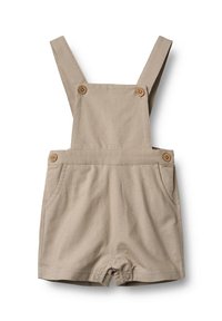 Monos de algodón beige con tirantes ajustables, dos bolsillos frontales, botones de madera y un diseño corto. Textura suave, estilo casual.