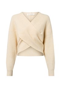 Cremfarbener Wickelpulli aus strukturiertem Stoff mit langen Ärmeln, V-Ausschnitt und cropped Saum. Besitzt eine geschichtete Optik auf der Vorderseite.